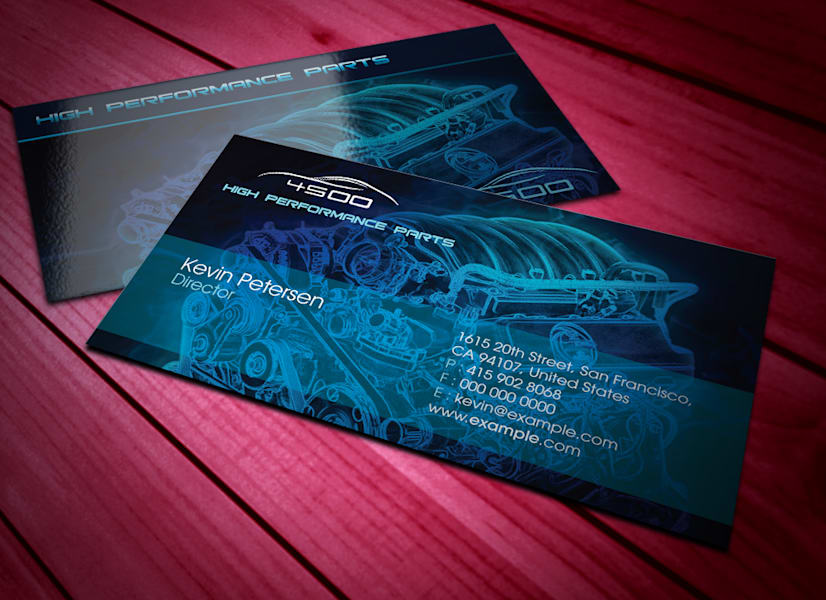 Light blue fine line drawing of engine on a business card—an example of the Blueprint Business Card trend