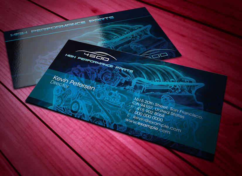 Light blue fine line drawing of engine on a business card—an example of the Blueprint Business Card trend
