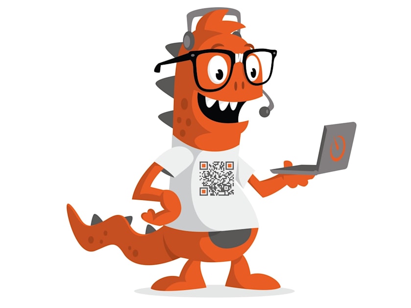 Cartoon dinosaur holding a laptop