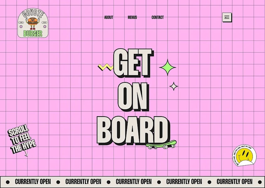 Cute-alism web design trend 2026 pink website for a burger restaurant