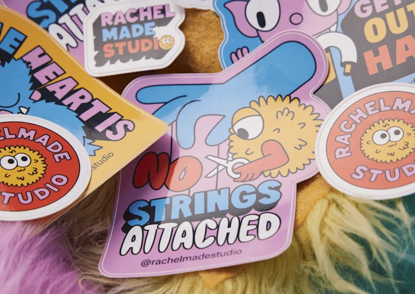 Colorful and playful stickers with bold text and fantasy characters on a fluffy background, illustrating the concept of a brand promise.