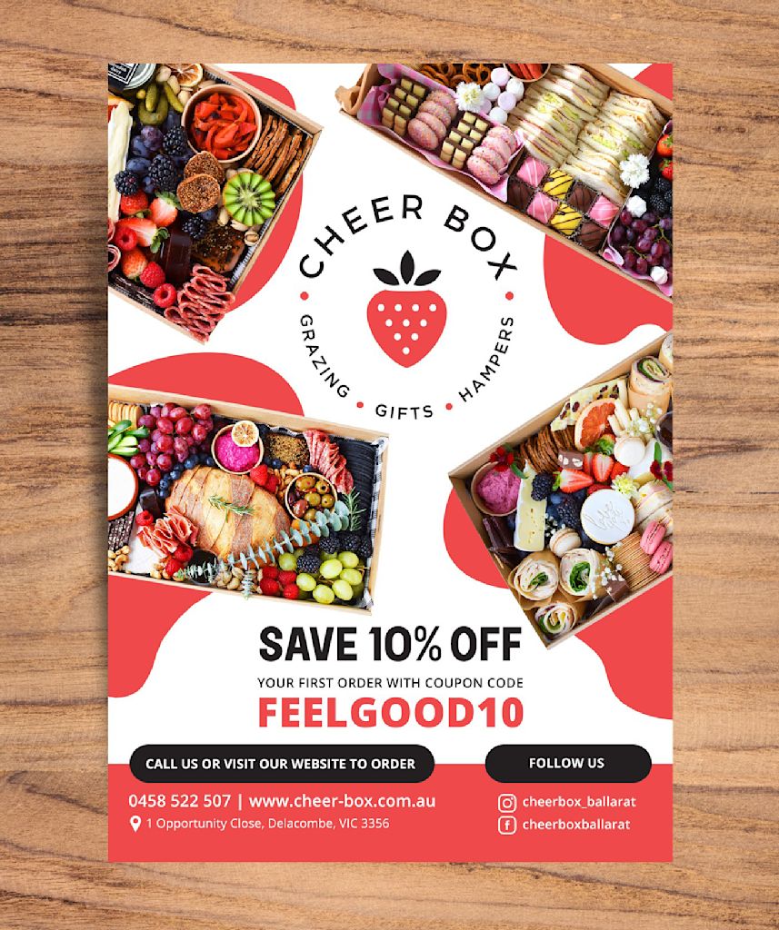 Coupon flyer for a food box with a discount code