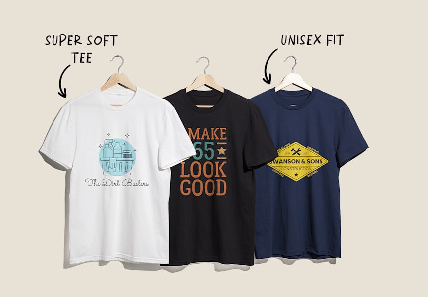 T-shirt printing example with custom printed t-shirts in different styles and fabrics for branding and merchandising