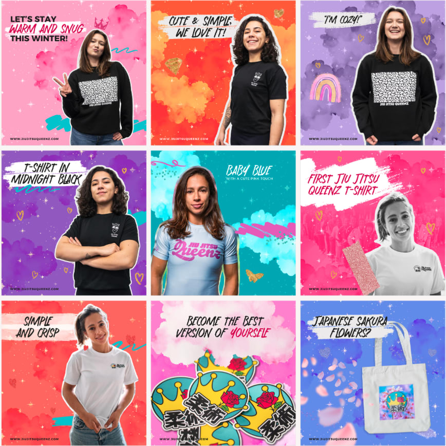 collection of static social media posts featuring women modeling t-shirt designs