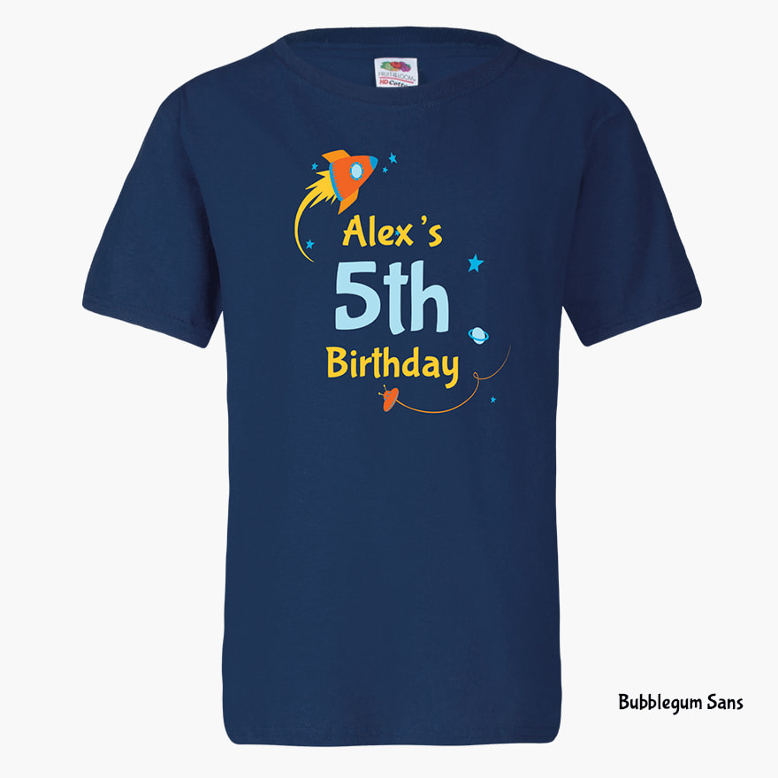 A front mannequin shot of a blue t-shirt that features a Kids Brithday.