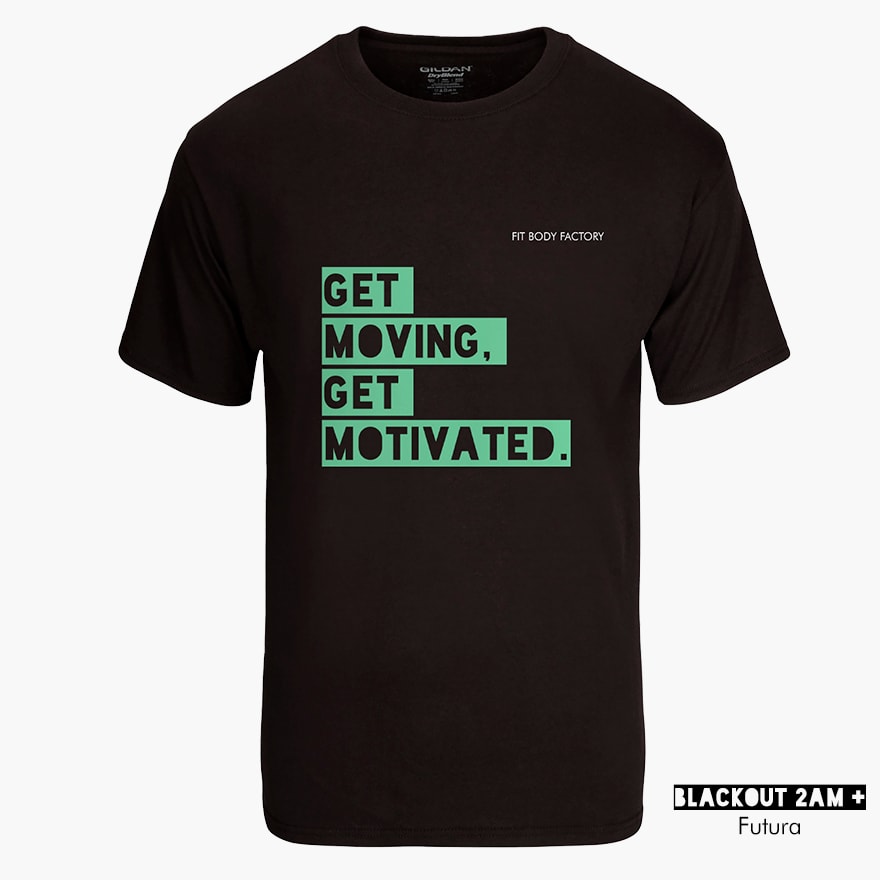 A front mannequin shot of a black t-shirt that features a gym business