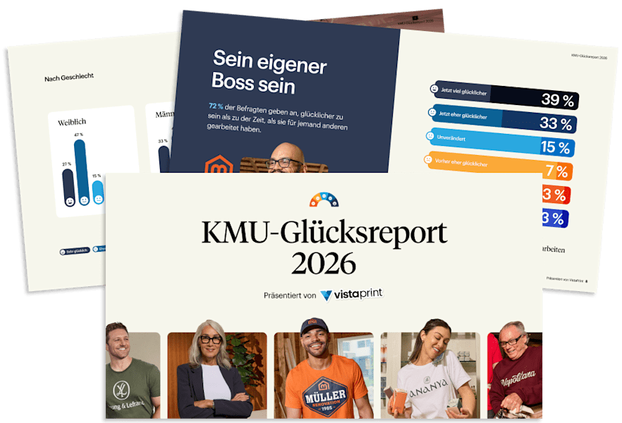 Eine Collage von Berichtseiten mit dem Titel "KMU-Glücksreport 2026", präsentiert von vistaprint. Das Titelblatt zeigt Fotos verschiedener Kleinunternehmer. Im Hintergrund sind Diagramme und eine Seite mit dem Titel "Sein eigener Boss sein" zu sehen, mit dem Text: "72 % der Befragten geben an, glücklicher zu sein als zu der Zeit, als sie für jemand anderen gearbeitet haben