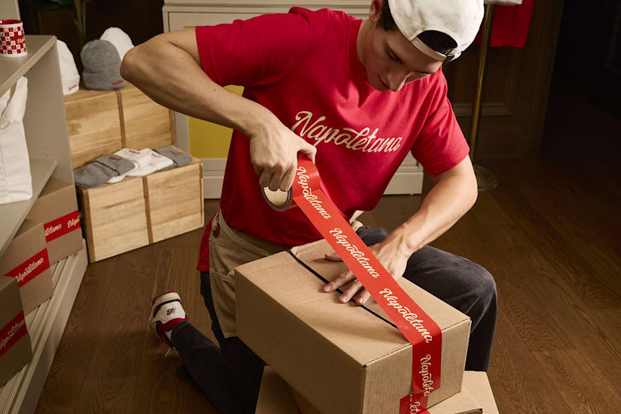 Brand colors red and white used for packaging and uniforms