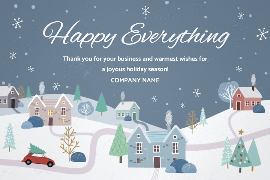 A last-minute Christmas card ideas that swaps Christmas wishes for &ldquo;Happy Everything&rdquo; and features generic winter motifs.