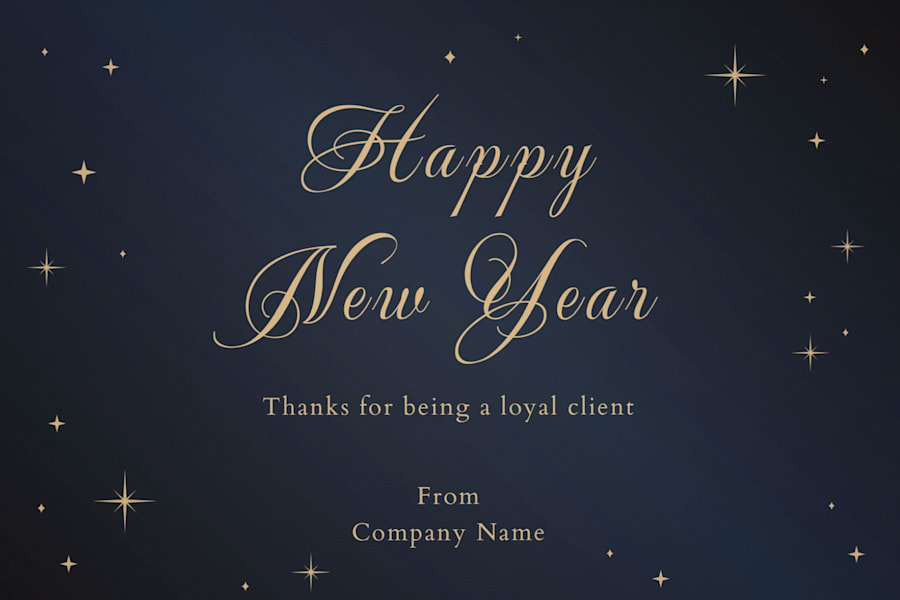 Minimalist business holiday card with golden foil elements that says &ldquo;Happy New Year&rdquo;.