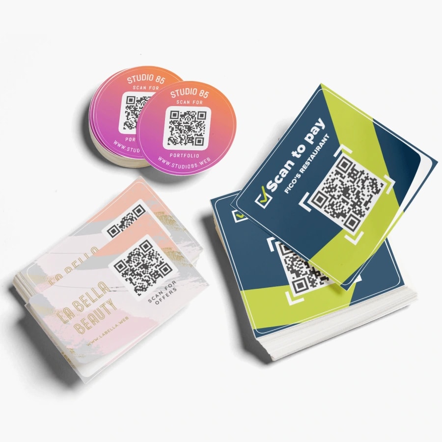 Three batches of branded stickers with QR codes