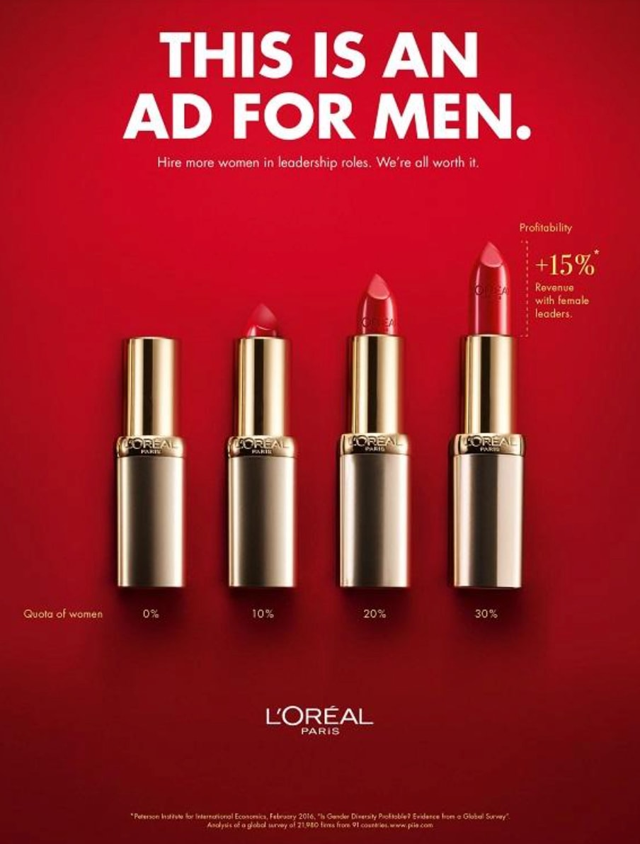 L’Oreal ad showing four lipsticks side by side with white text