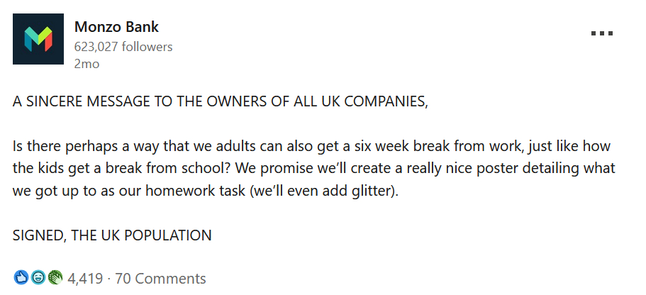 A screenshot of a Monzo Bank LinkedIn post that exemplifies the Radical Self-Awareness digital marketing trend 2026