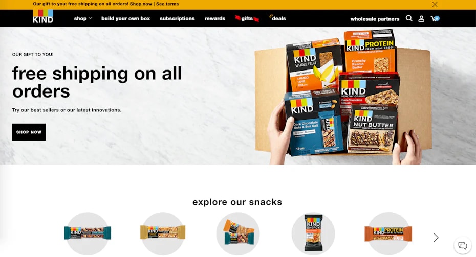 Screenshot of the Kind Snacks website homepage featuring special offers