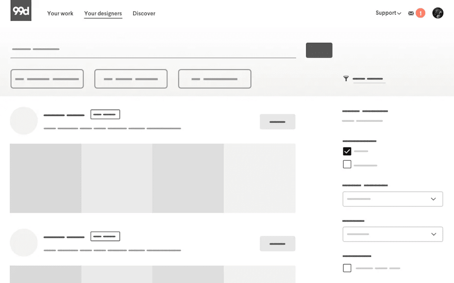 Wireframe for the homepage of 99designs