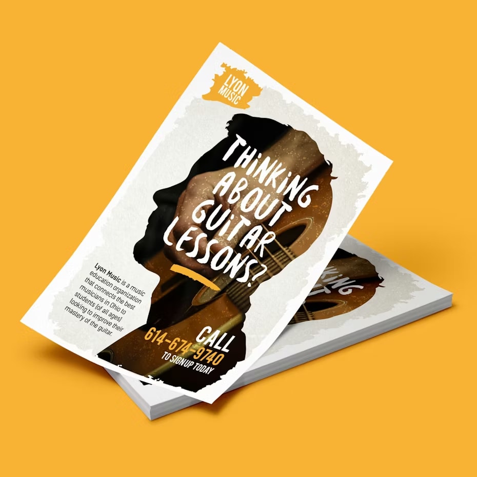 Flyer design for guitar lessons with a silhouette of a person and guitar photo overlay, paired with noticeable CTA to call to sign up