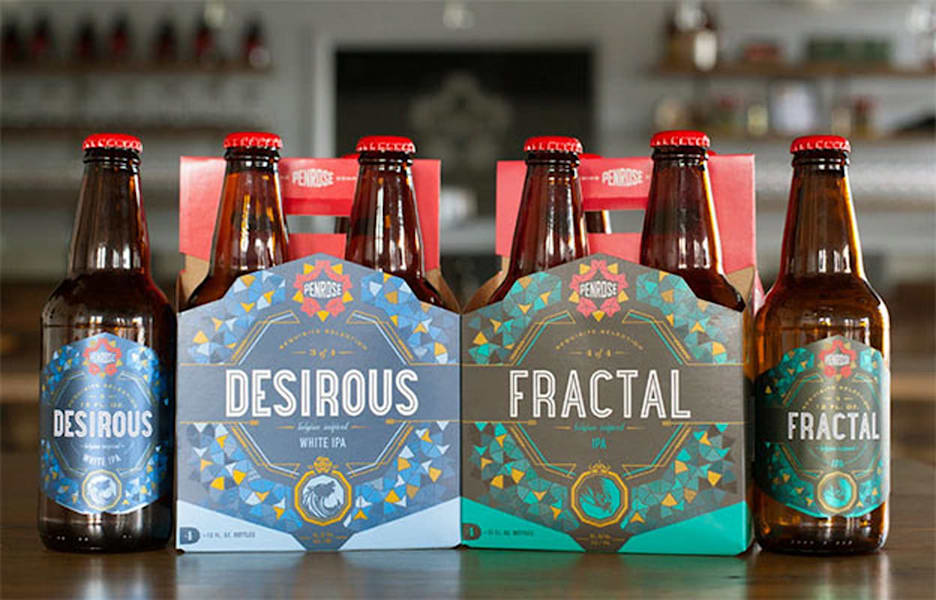 Mosaic-style branding beer bottle with geometric patterns.