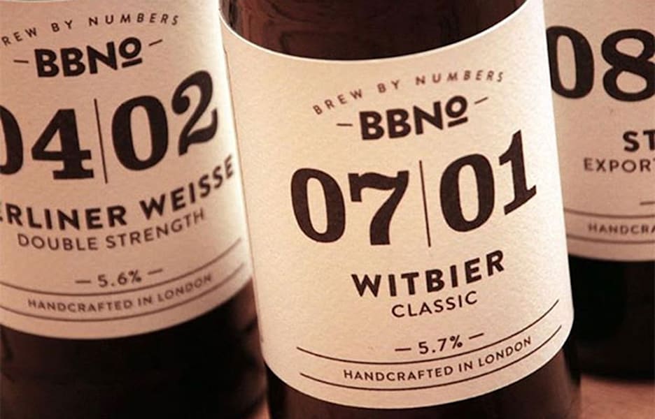 White beer bottle label with black modern typography.