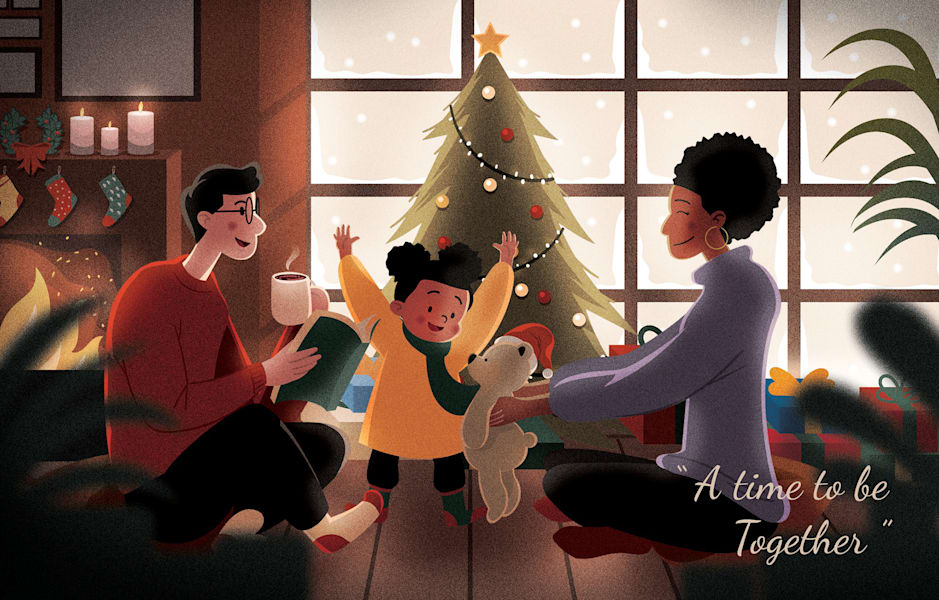 Holiday card illustration of a family around the Christmas tree