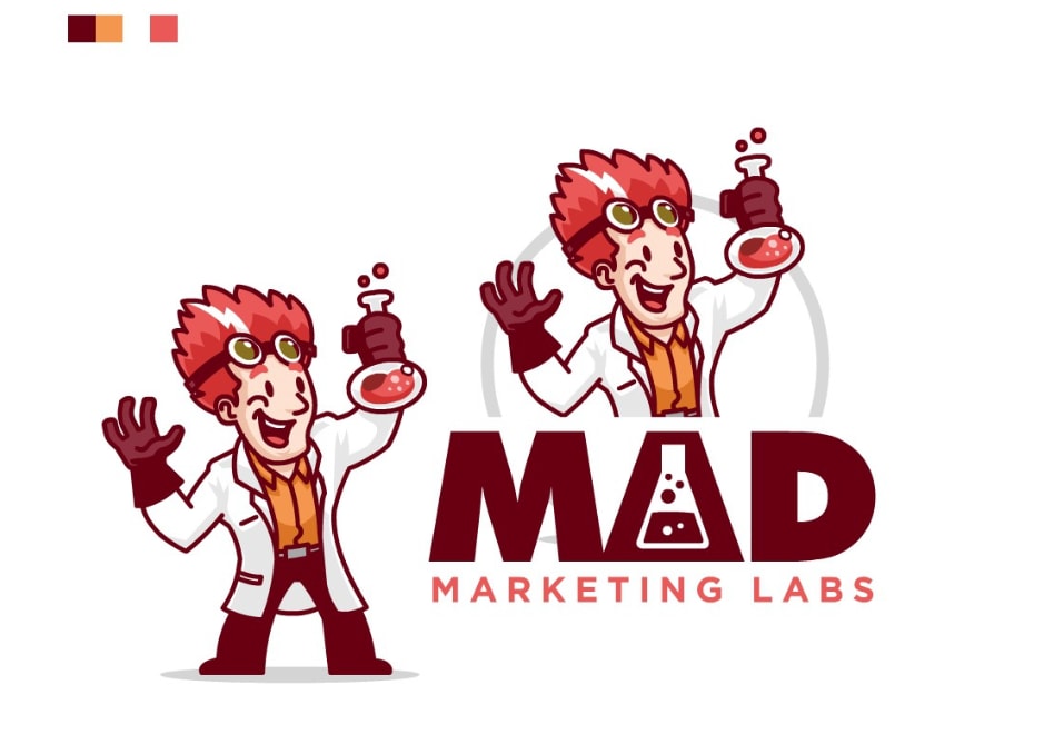 Logo design of a mad scientist character for a marketing brand