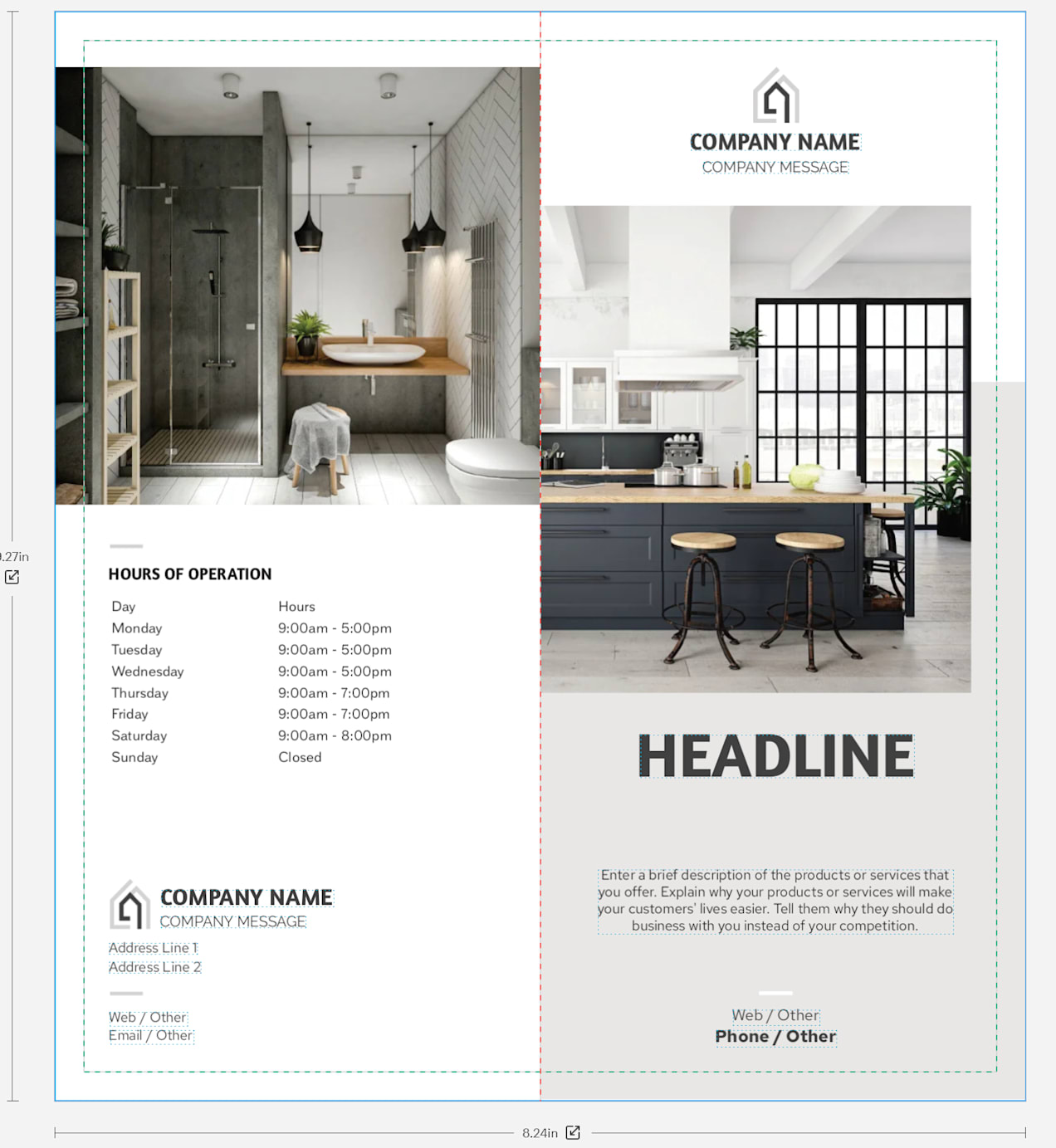 bi-fold brochure template with clear headlines and high-quality interior photography