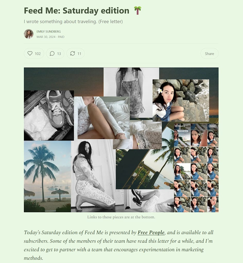 A screenshot of the Feed Me newsletter sponsored by Free People, an example of the Long-Form Influencer Marketing trend