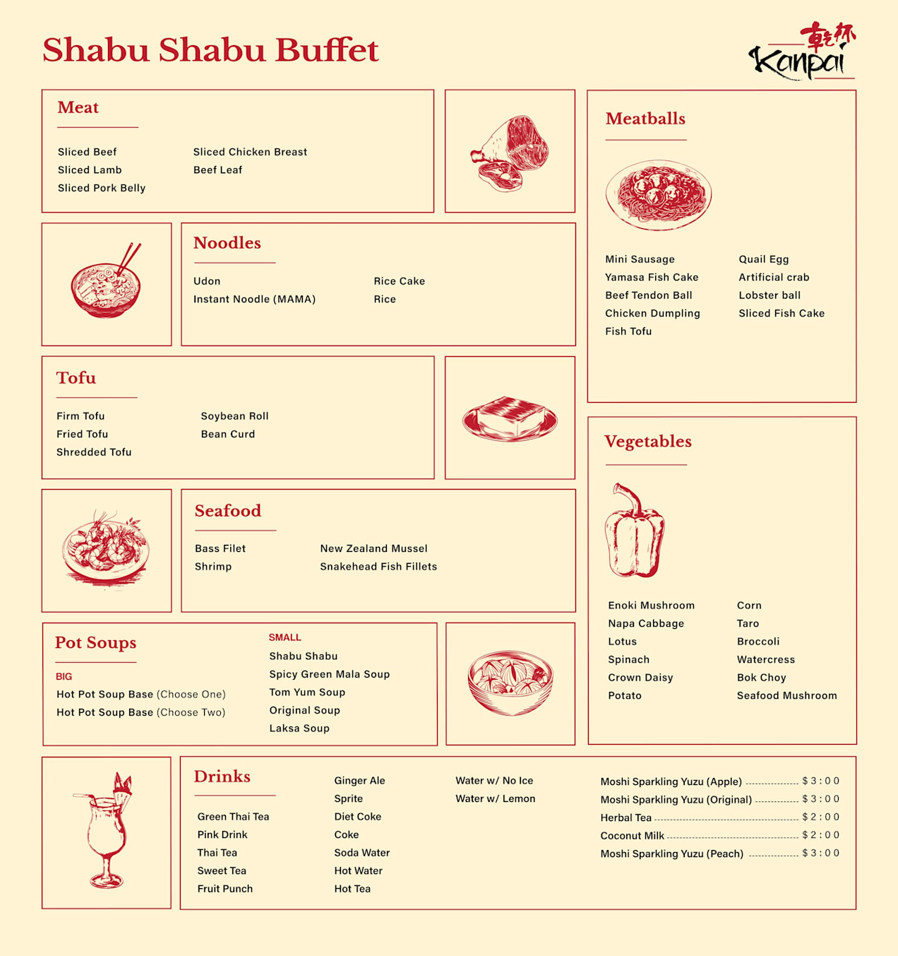Buffet restaurant menu design with items grouped by food category