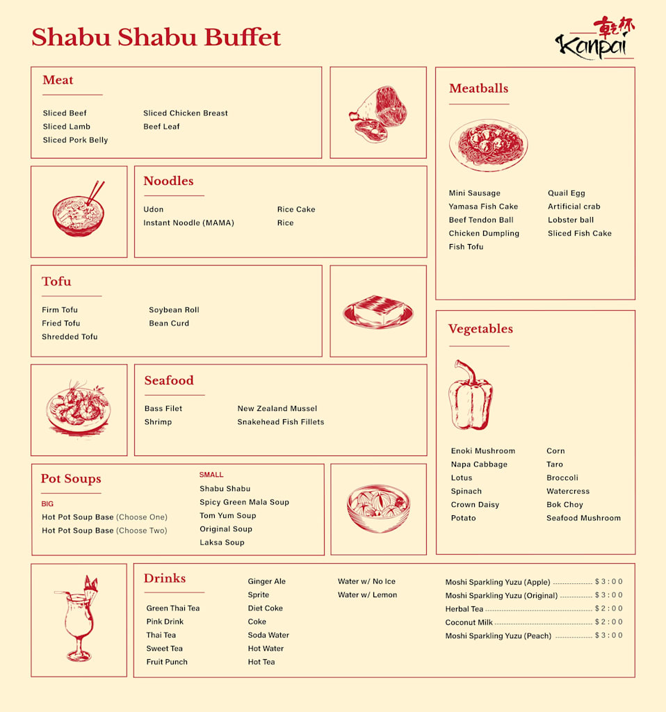 Buffet restaurant menu design with items grouped by food category