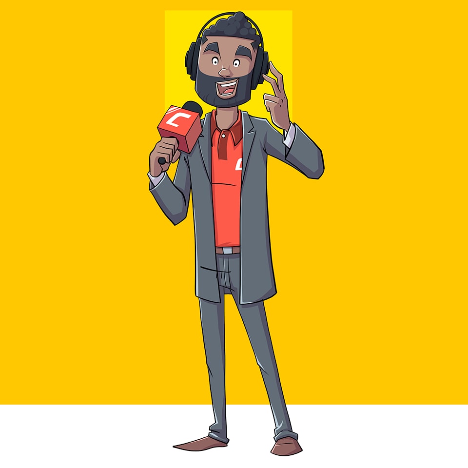 Illustration of a sports commentator with a microphone