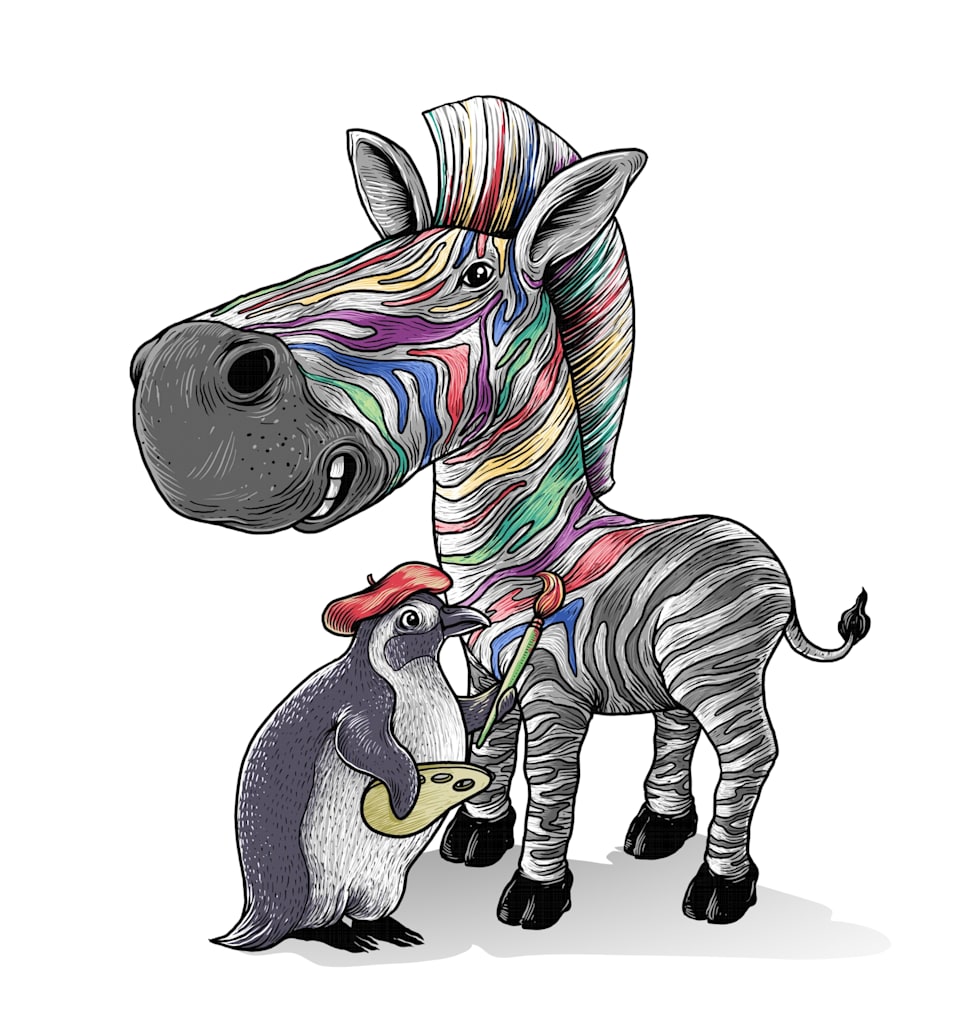A stylistic illustration of an artistic looking penguin in a red beret halfway through colourfully painting in the stripes of a larger zebra