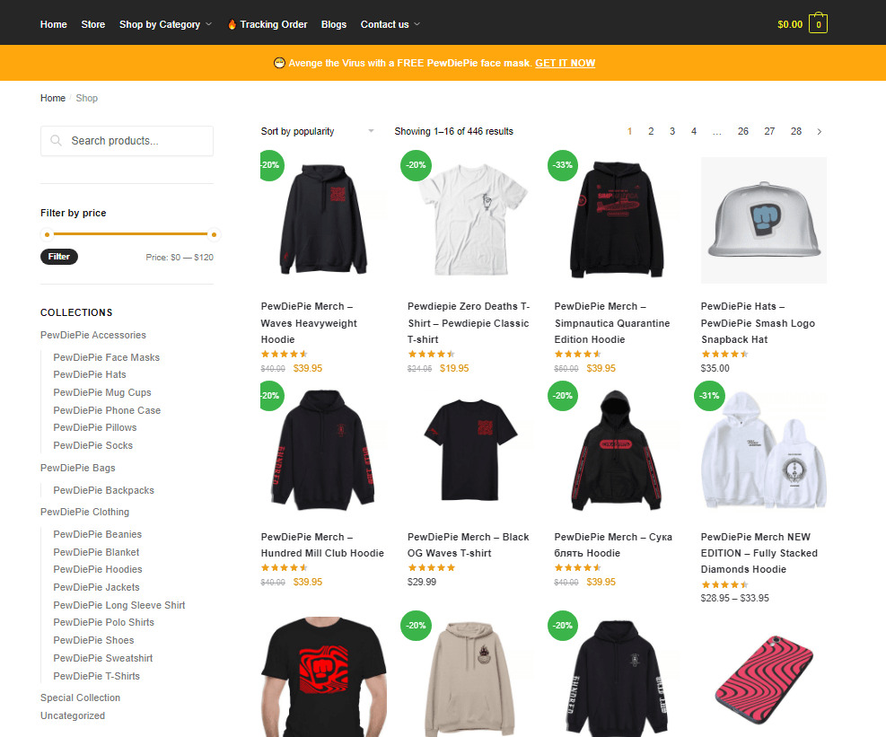 A screenshot of PewDiePie’s e-commerce website that sells print-on-demand merchandise