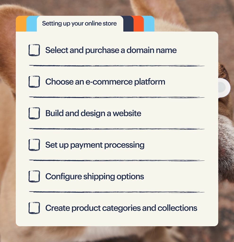An illustrated checklist summarising the above section into 4 bullet points under the heading "Setting up your online store"