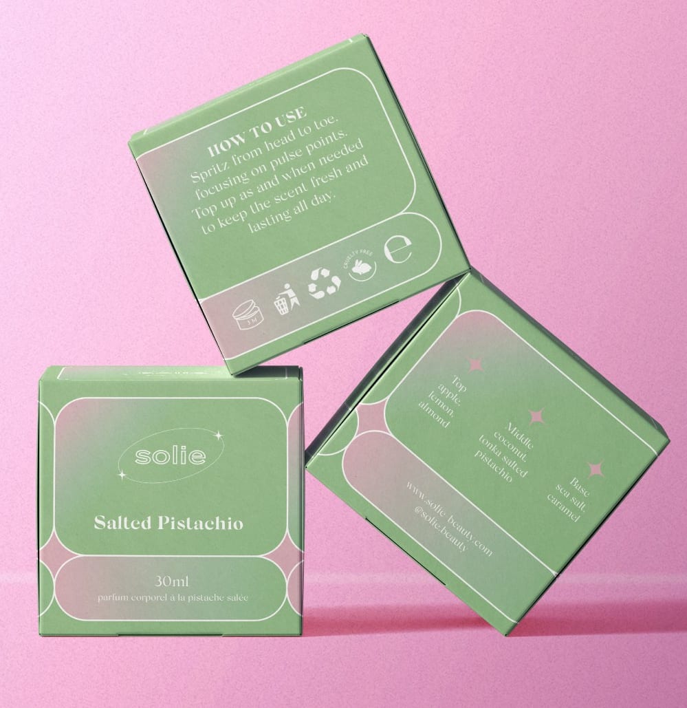 Green and pink perfume packaging demonstrating the Fruity Hues packaging design trend 2025