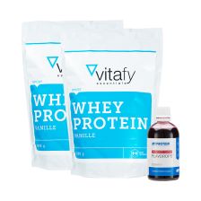 2 x Vitafy Essentials Whey Protein Essentials (2x1000g) + Myprotein Flavdrops (50ml)