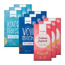3 x Xylit-Vollmilchschokolade (3x80g) + 3 x Kokos & Flakes Weiße Schokolade (3x80g) + 3 x Erdbeer-Joghurt Weiße Schokolade (3x100g)