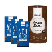 Schokodrops mit finnischem Xylit Dose (750g) + 3 x Xylit-Vollmilchschokolade (3x80g)
