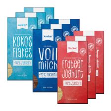 3 x Xylit-Vollmilchschokolade (3x80g) + 3 x Kokos & Flakes Weiße Schokolade (3x80g) + 3 x Erdbeer-Joghurt Weiße Schokolade (3x100g)