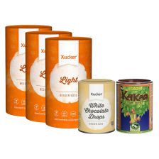 3 x Xucker Light (1000g) + 1 x weiße Schokodrops (200g) + 1 x Rapunzel Kakaopulver (250g)