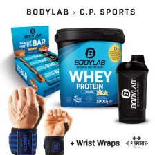 1 x 1000g Whey Protein + Peanut-Caramel Protein Bar (12x55g) + BL24 Shaker + profesionele polsbandjes