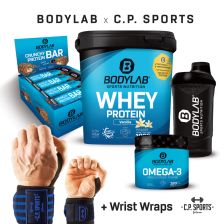 1 x 1000g Whey Protein + Crunchy Protein Bar (12x64g) + Omega 3 TG (120 Kapseln) + BL24 Shaker + profesionele polsverbanden