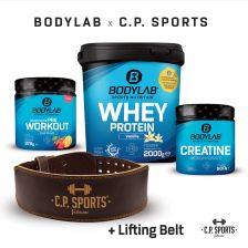 2000g Bodylab24 Whey Protein - Creatine Powder (500g) + Concentrated Pre Workout (375g) + gewichtheffingsriem leder