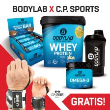 1 x 1000g Whey Protein + Crunchy Protein Bar (12x64g) + Omega 3 TG (120 Kapseln) + BL24 Shaker + gratis polsverbanden