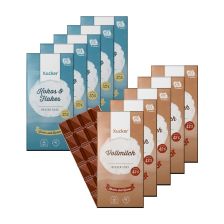 5 x Xylit-Vollmilchschokolade (5x100g) + 5 x Kokos & Flakes Weiße Schokolade (5x100g)