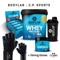 1 x 1000g Whey Protein + Crunchy Protein Bar (12x64g) + Omega 3 TG (120 Kapseln) + BL24 Shaker + Profi Handschuhe