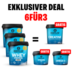 EXKLUSIVER DEAL: 6Für3 Protein-Powerpack mit Gratis Creatine + Omega-3 + Vitamin A-Z