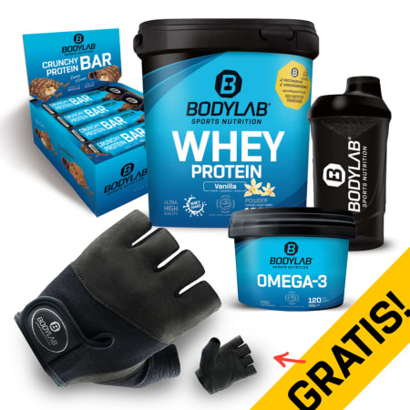 1 x 1000g Whey Protein + Crunchy Protein Bar (12x64g) + Omega 3 TG (120 Kapseln) + BL24 Shaker + handschoenen
