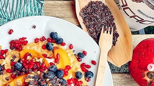 Wafels met fruittopping + een extra portie proteïne
