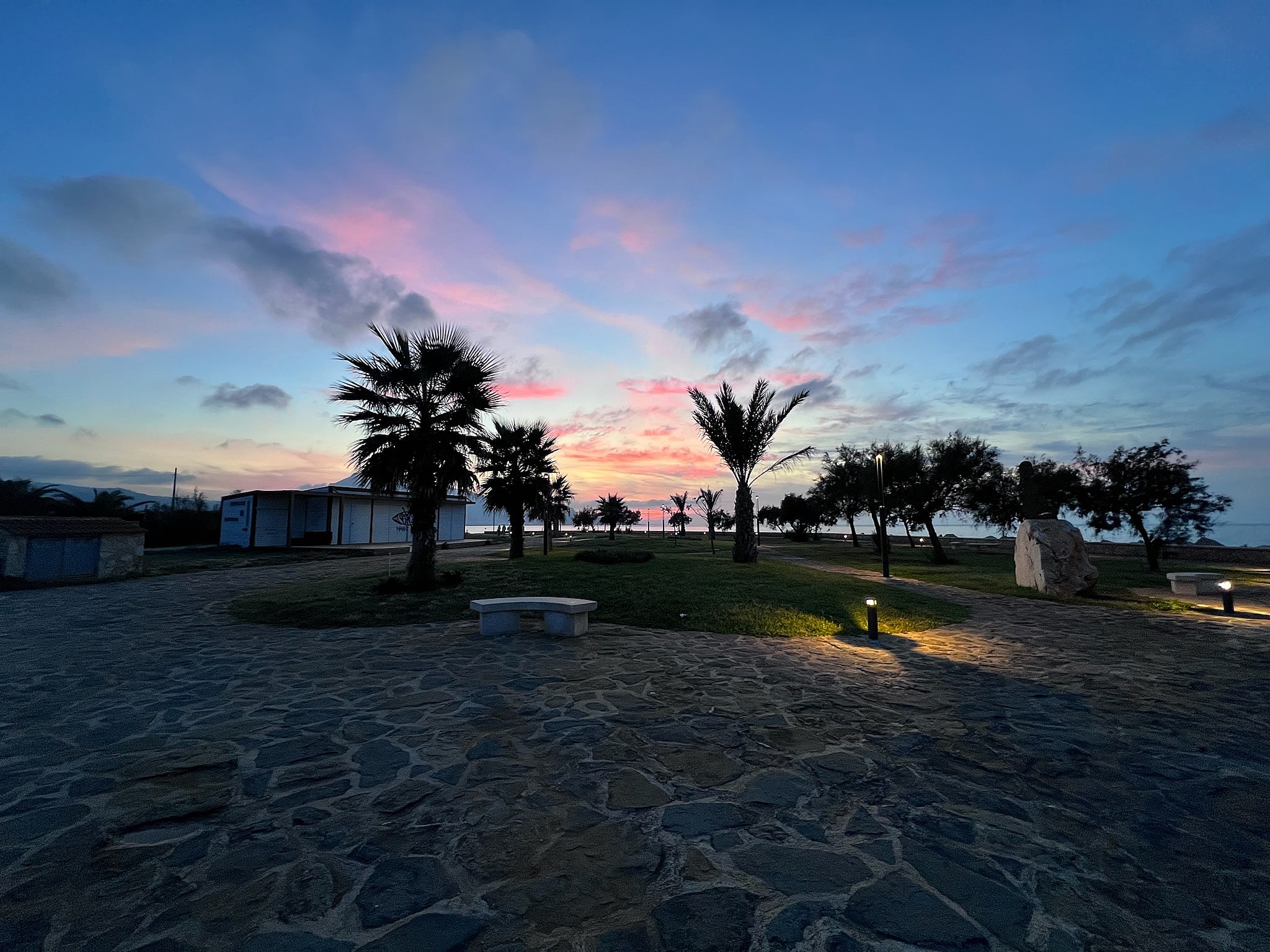 Seaside promenade at sunset