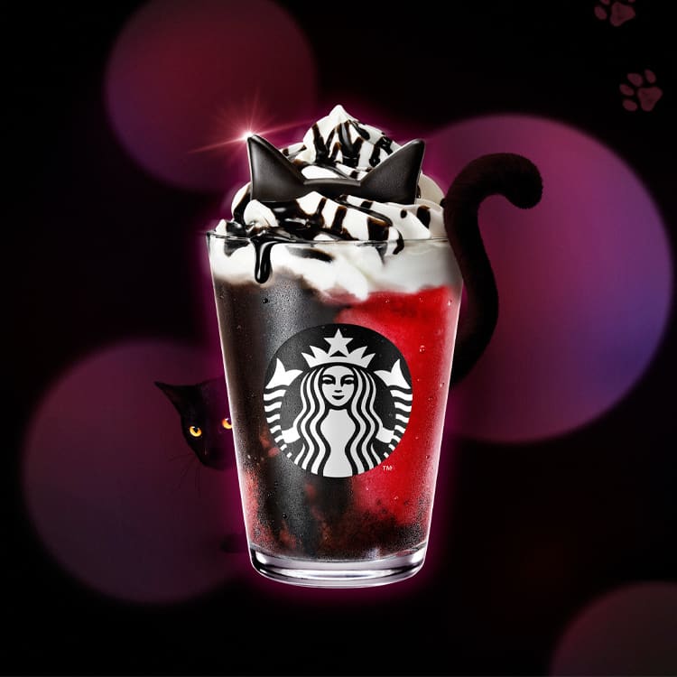 スターバックス　ハロウィン　黒猫 スタバ】のハロウィン…たまらなく可愛い♡注目の「黒猫フラペチーノ