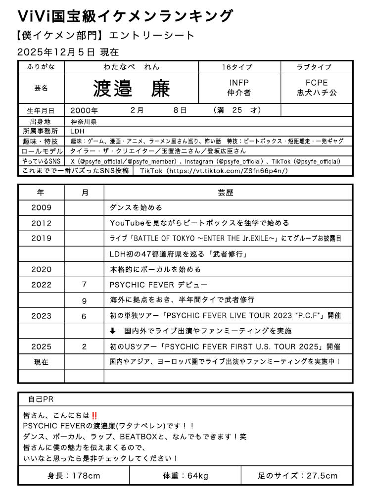 渡邉廉】僕イケメン部門エントリーシート | ViVi